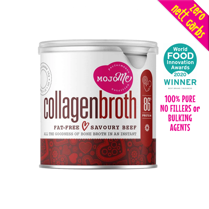 Mojo Me's Savoury Beef flavoured Instant Collagen Bone Broth is the best for skin, hair, nails, gut health, joint support, and preventing loss of muscle mass