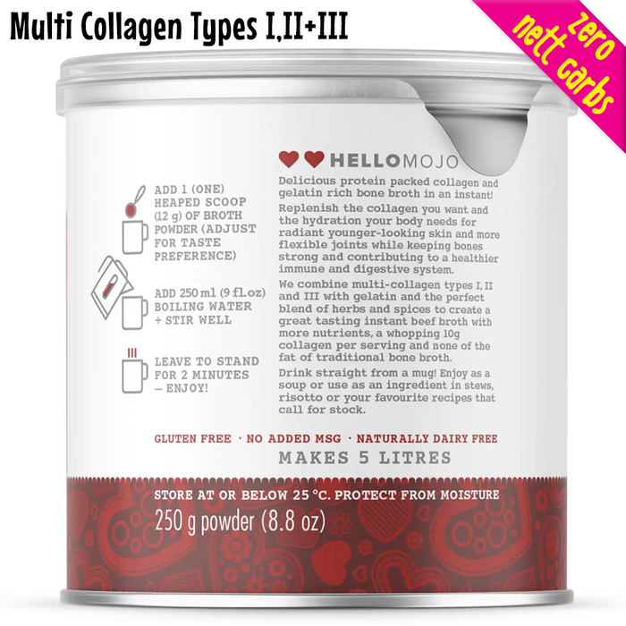 Mojo Me's Savoury Beef flavoured Instant Collagen Bone Broth is the best for skin, hair, nails, gut health, joint support, and preventing loss of muscle mass