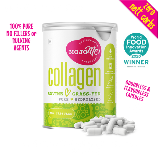 MojoMe Bovine Type 1 and Type 3 Hydrolysed collagen capsules. Best collagen for joint support, gut health, hair, skin, and nails. Completely odourless and flavourless