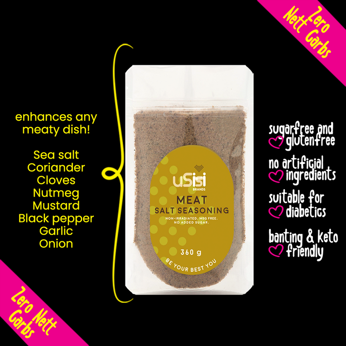 uSisi Brands meat salt seasoning spice. Sugar free, gluten free, suitable for Diabetics, Keto, and Banting