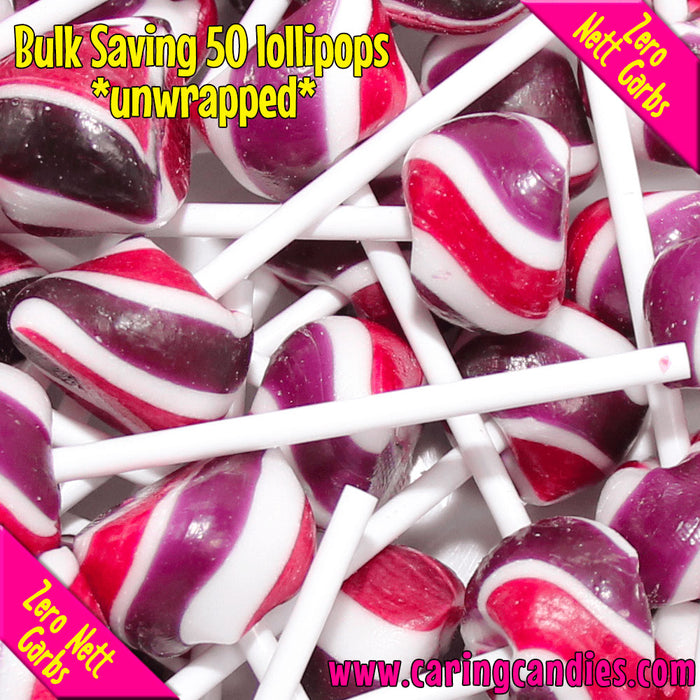 Bulk Saving: 50xSugar free BLACKCURRANT Doc's Pops Lollipops by Caring Candies | Banting, Candida, Dairyfree, Docs Pops, Halaal, Keto, Kosher, Low Carb, Sugarfree, Suitable for Diabetics, Veg