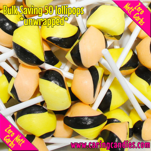 Pack of 50 small sugar free docs pops lollipops by caring candies. Ideal for those following an ADHD, diabetic, gluten-free, sugar-free, keto, banting, low carb, or plant based vegan lifestyle diet.