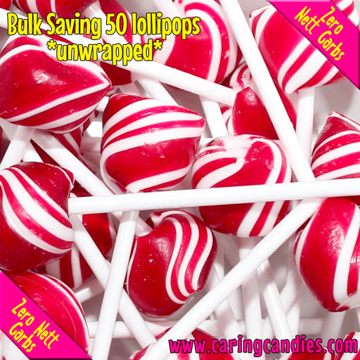 Pack of 50 small sugar free docs pops lollipops by caring candies. Ideal for those following an ADHD, diabetic, gluten-free, sugar-free, keto, banting, low carb, or plant based vegan lifestyle diet.