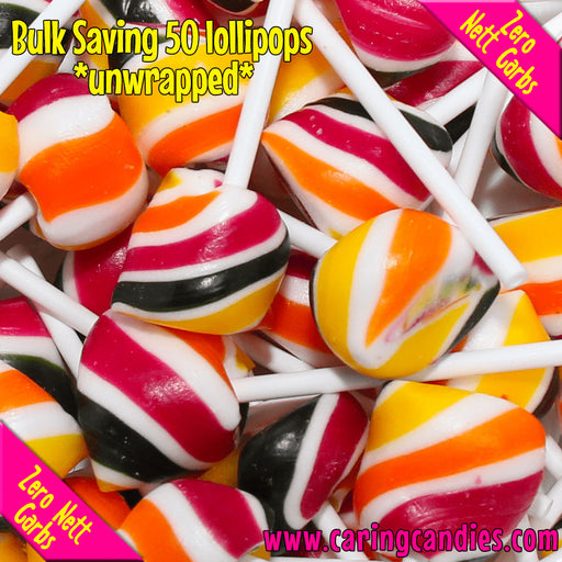 Pack of 50 small sugar free docs pops lollipops by caring candies. Ideal for those following an ADHD, diabetic, gluten-free, sugar-free, keto, banting, low carb, or plant based vegan lifestyle diet.