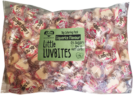 Bulk 1kg catering size pack of sugar-free liquorice flavoured white chocolate Little LuvBite hearts by Caring Candies.  Ideal for those following a diabetic, gluten-free, sugar-free, keto, banting, and low carb lifestyle diet.
