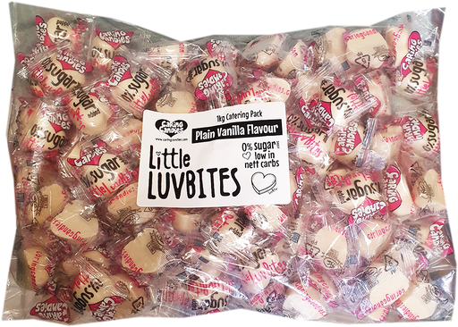 Bulk 1kg catering size pack of sugar-free vanilla flavoured white chocolate Little LuvBite hearts by Caring Candies.  Ideal for those following a diabetic, gluten-free, sugar-free, keto, banting, and low carb lifestyle diet.